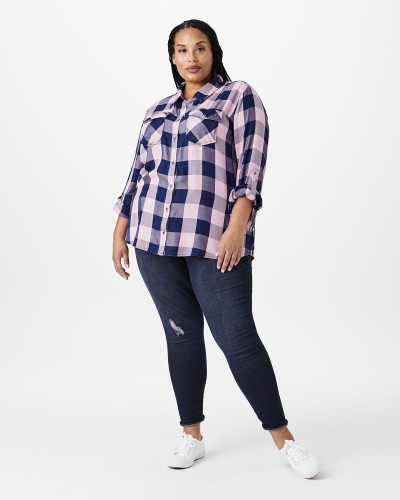 Plus size model with hourglass body shape wearing Mallory Plaid Button-Down by Molly&Isadora | Dia&Co | dia_product_style_image_id:144354